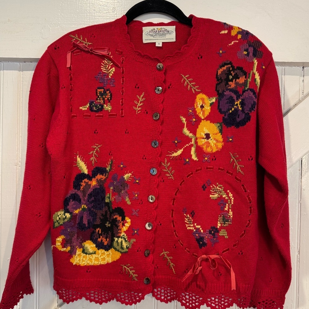 Vintage 1995 Susan Bristol Hand Embroidered Red Cardigan Size S - Picture 2 of 12